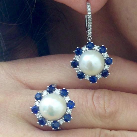 earrings with pearls, diamonds and sapphires