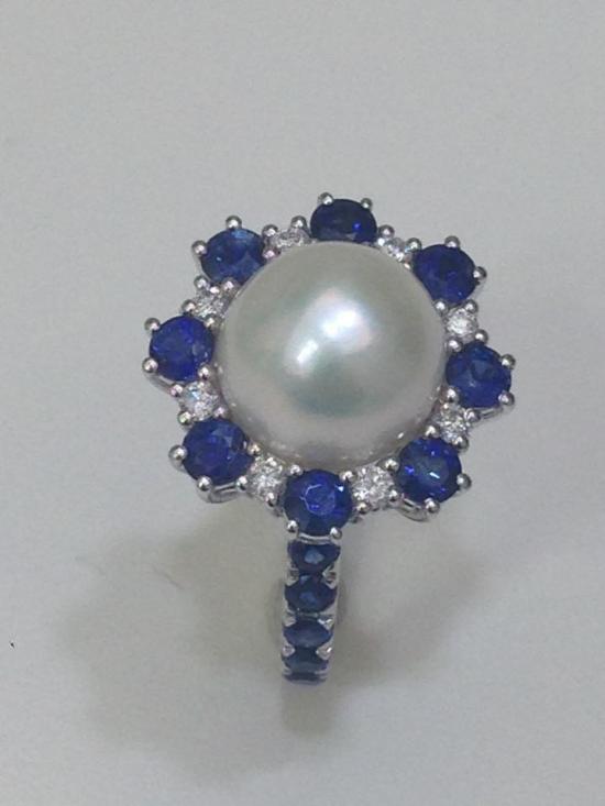 ring with pearl, diamonds and sapphires